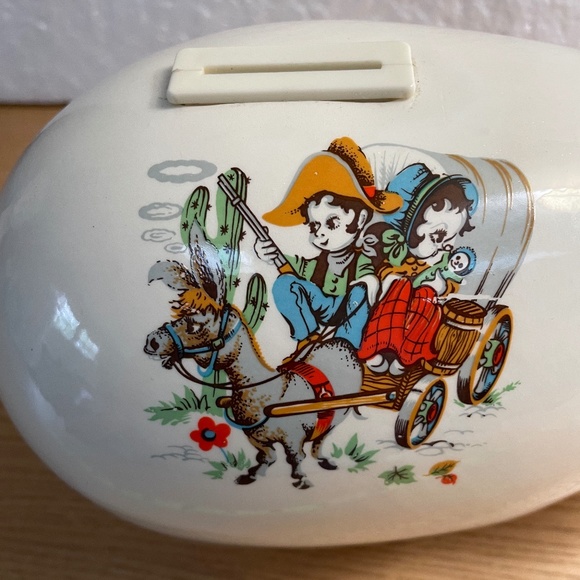 Vintage Rob Roy Piggy Bank Western Covered Wagon Decoration Blue Eyes 10.5” Rare - Picture 6 of 10